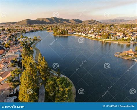 Aerial View of Menifee Lake and Neighborhood, Residential Subdivision Vila during Sunset. Stock ...