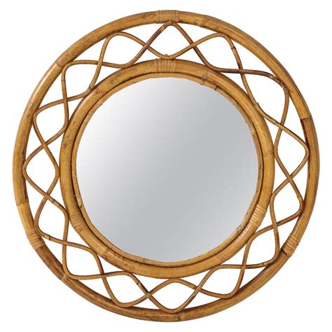 Midcentury French Braided Rattan and Bamboo Round Wall Mirror For Sale at 1stDibs