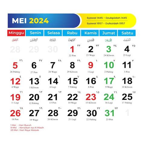 Premium Vector | Kalender 2024 Mei Lengkap Dengan Tanggal Merah Cuti Bersama Jawa Dan Hijriyah