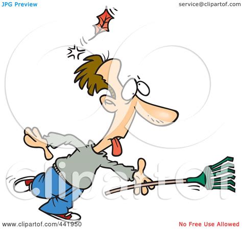 Royalty-Free (RF) Clip Art Illustration of a Cartoon Raking Man Being Knocked Out By A Falling ...