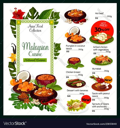 Malaysian cuisine menu malaysia food dishes Vector Image