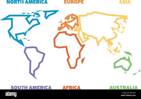Simplified thick outline of world map divided to six continents. Simple flat vector illustration ...