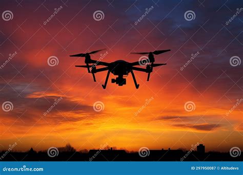 Photo of a Drone Silhouette Against Sunset Sky Stock Illustration - Illustration of aerial ...