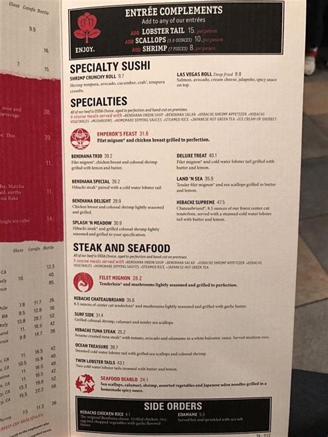 Menu at Benihana restaurant, Burlingame, Old Bayshore Hwy