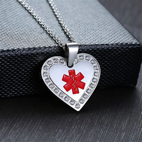 Emergency Medical Alert ID Crystal Heart Pendant Women Necklace Custom Engraving | eBay