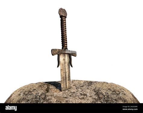 Excalibur, King Arthur's sword in the stone isolated on white ...