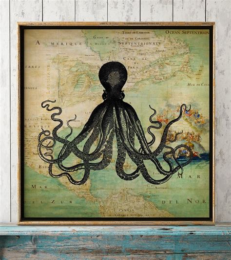 Octopus on Map Poster, Octopus in Map Print, Sea Map, Octopus Print, Marine Wall Art, Beach Home ...