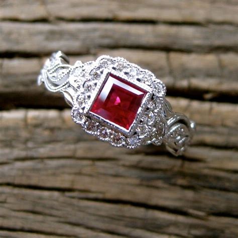 Items similar to Square Cut Ruby Engagement Ring in 18K White Gold with Diamonds and Leafs on ...