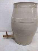 3 gallon ceramic water pitcher with wooden spout. - W. Yoder Auction