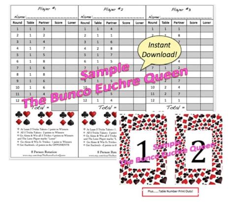 8 Person Euchre Rotation Printable Score by TheBuncoEuchreQueen