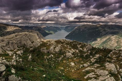 Premium Photo | Beautiful aerial view from mountains to fjord in norway