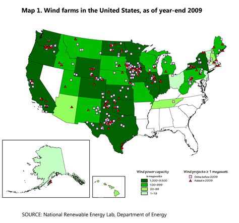 Map 1. Wind farms in the United States, as of year-end 2009