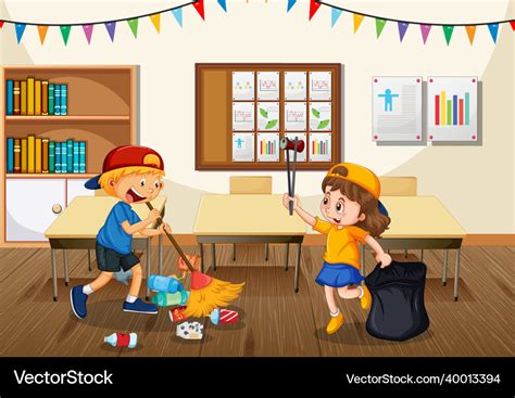 Scene with students cleaning classroom together Vector Image