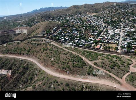 Aerial view of the U.S. border along the town of El Sasabe, Sonora, Mexico from a U.S. Customs ...