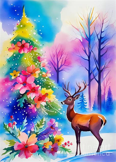 Christmas Tree and Deer IV Painting by Munir Alawi - Fine Art America