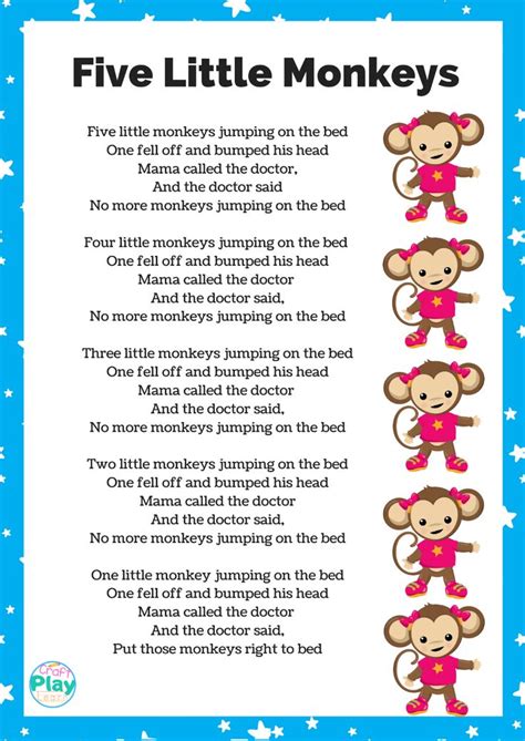 Five Little Monkeys Printable And Activity Ideas | Nursery rhymes ...