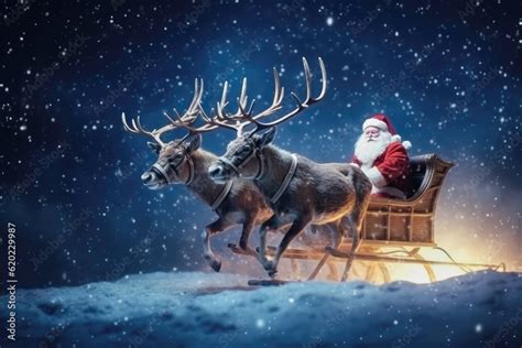 Santa Claus with reindeer on christmas card Stock Illustration | Adobe ...