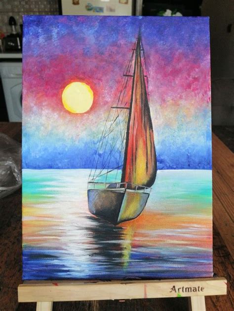 an acrylic painting of a sailboat in the ocean at sunset with pink and blue sky