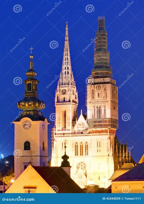 Zagreb cathedral at night stock image. Image of clock - 42444039