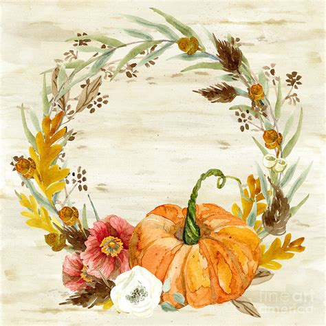 Fall Autumn Harvest Wreath on Birch Bark Watercolor Painting by Audrey ...