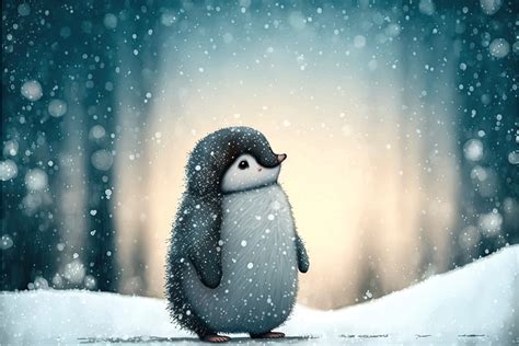 A cute little penguin is walking through the snow in the winter ...