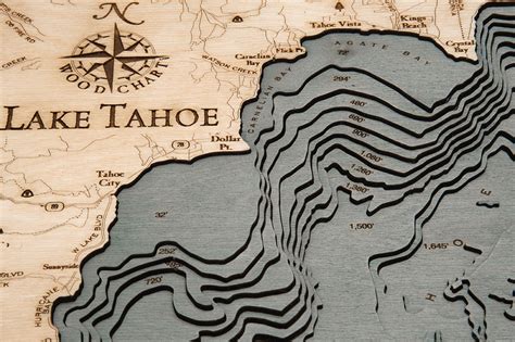 Lake Tahoe Wood Carved Topographical Depth Chart / Map