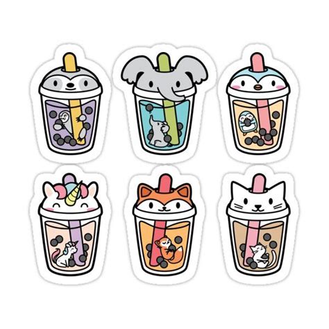 six stickers with cartoon animals and drinks on them, all in different shapes and sizes