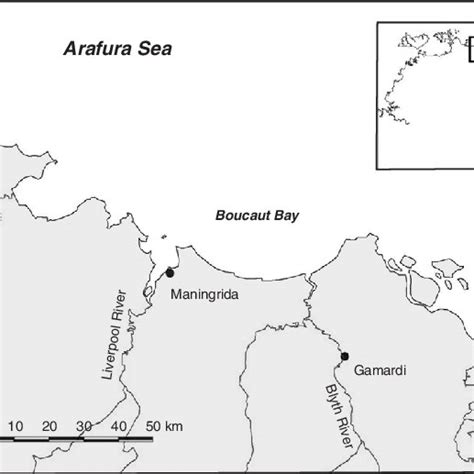 Map of the Maningrida region of central Arnhem Land, Australia, showing ...