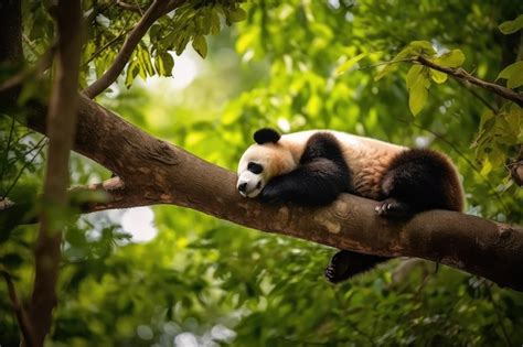 Premium AI Image | Panda Bear Sleeping on a Tree Branch China Wildlife AI