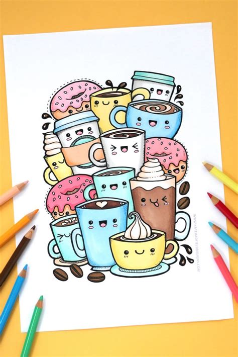 Kawaii Coffee free colouring page - Kate Hadfield Designs