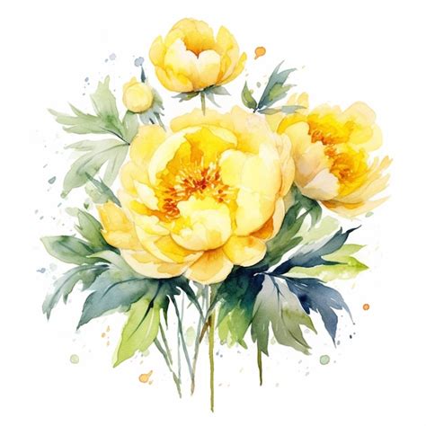 Premium Photo | A watercolor painting of a yellow peony flower.