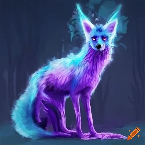 Image of a blue, purple, and green fox patronus on Craiyon