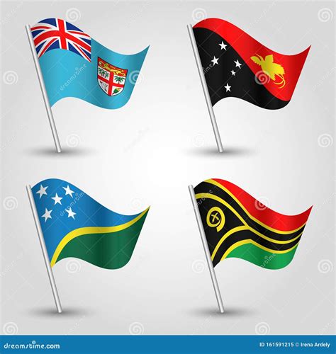 Vector Set Waving Flags Melanesia on Silver Pole - Icon of States Fiji, Papua New Guinea ...