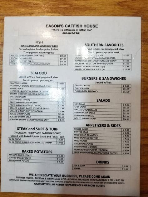 Menu at Easons Catfish House restaurant, Mendenhall, 200 Merit Rd