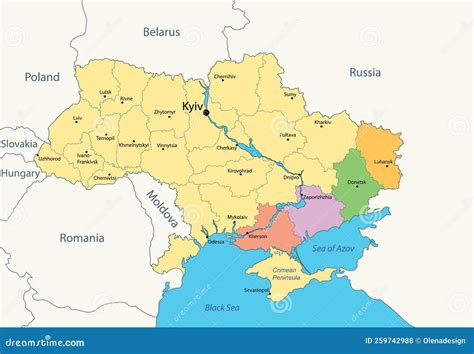 Administrative Map of Ukraine with Colored 4 Ukrainian Areas - Kherson, Zaporizhzhia, Donetsk ...