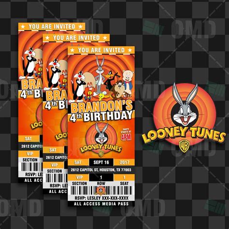 Looney Tunes Ticket Style Birthday Cartoon Invites Baby Sprinkle Invitations, Baby Shower Cards ...