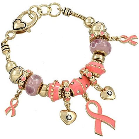 Pandora Inspired Breast Cancer Pink Ribbon Heart Charm Bracelet, Gold Tone