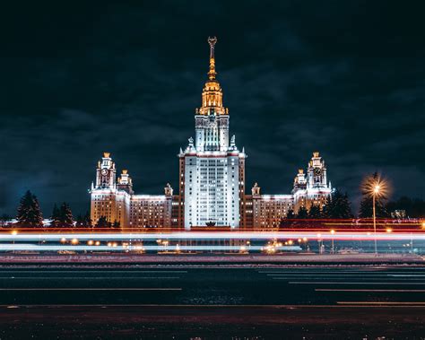 White concrete building, Russia, Moscow, lights, night HD wallpaper | Wallpaper Flare