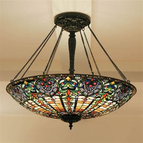 Very Large Tiffany Uplighter Ceiling Pendant Light in Stained Glass