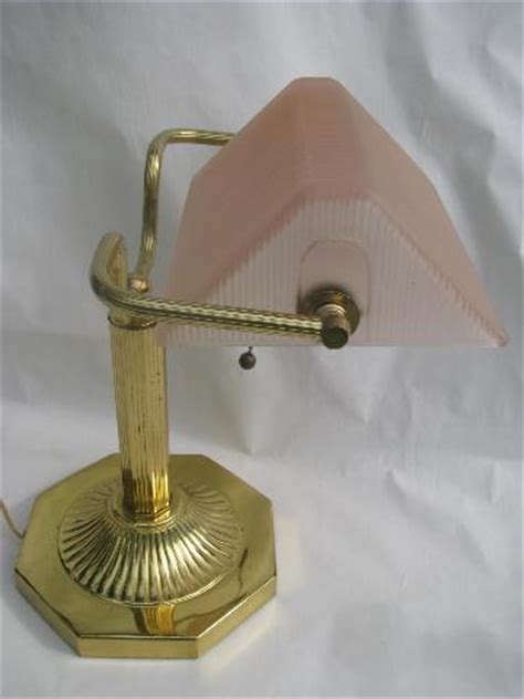 solid brass banker's light desk lamp, frosted pink glass shade