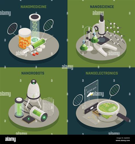 Nanotechnology 4 isometric icons square concept with nanomedicine nanoscience nanoelectronics ...