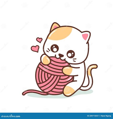 Cute Little Kitten Playing with Yarn Ball Stock Vector - Illustration ...