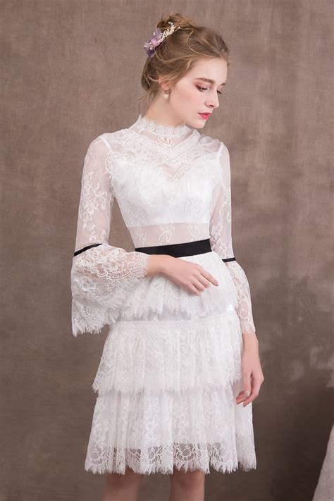 White Lace Knee-Length Prom dresses with Long Sleeves NP-0421