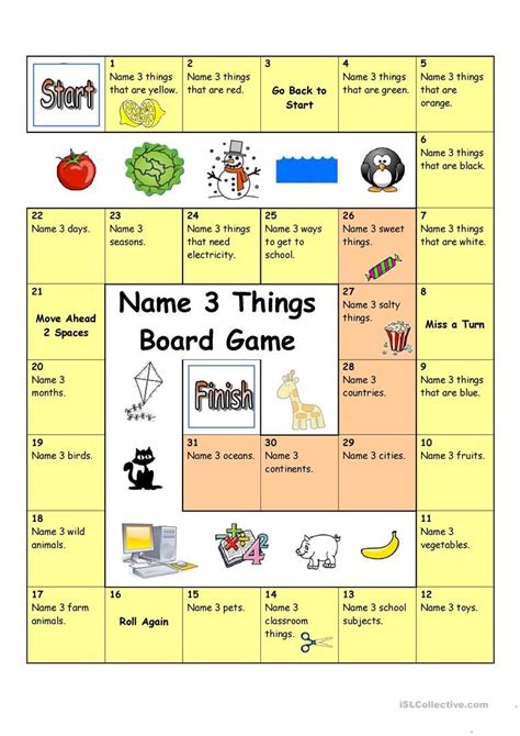 Board Game - Name 3 Things (Easy) worksheet - Free ESL printable ...