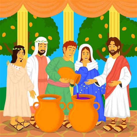 jesus is doing the miracle of turning water into wine, cute cartoon ...