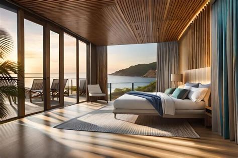 Premium AI Image | A bedroom with a view of the ocean and a view of the ...