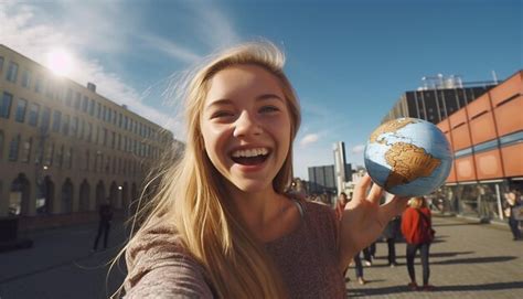 Premium AI Image | stock photo of 18 year old girl on eurotrip happy and laughing holding a ...