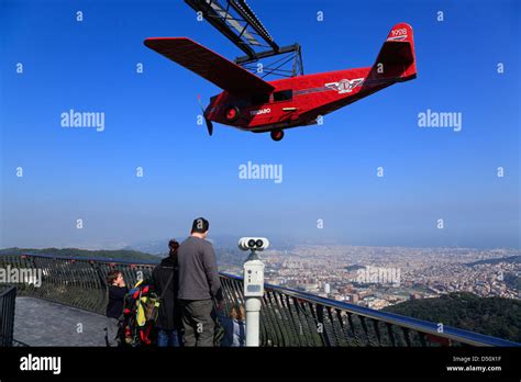 Tibidabo amusement park on mountain Tibidabo, nostalgic red plane ride ...