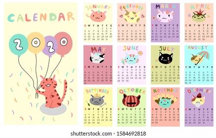 Cute Cat Calendar New Year 2020 Stock Vector (Royalty Free) 1584692818 | Shutterstock