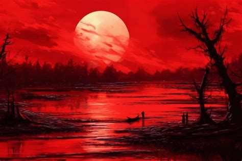 Premium AI Image | A red sunset over a river with a boat in the foreground.